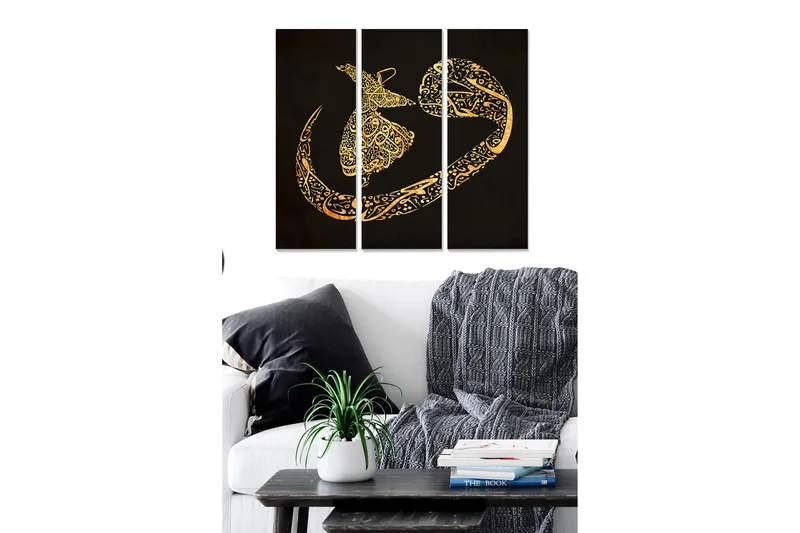 Puinen taulupohja, 3 osaa, 50x70 cm - Abstrakti sommitelma kultaisilla kuvioilla mustalla taustalla, Kulta / Musta