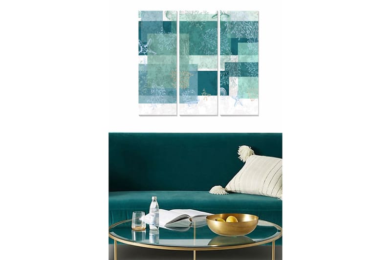 Puinen taulupohja, 3 osaa, 50x70 cm - Abstrakti sommitelma meriaiheilla ja geometrisilla muodoilla, Turkoosi / Mintunvihreä / Valkoinen