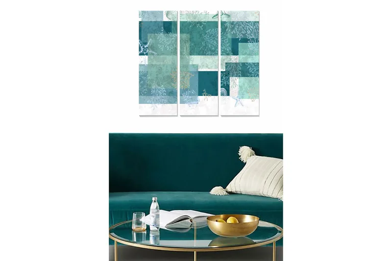 Puinen taulupohja, 3 osaa, 50x70 cm - Abstrakti sommitelma meriaiheilla ja geometrisilla muodoilla, Turkoosi / Mintunvihreä / Valkoinen