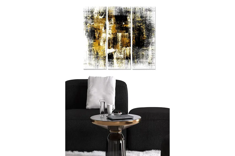 Puinen taulupohja, 3 osaa, 50x70 cm - Abstrakti sommitelma mustilla ja kultaisilla elementeillä - Musta / Kulta / Valkoinen - Sisustustuotteet - Taulu & taide - Canvas-taulu