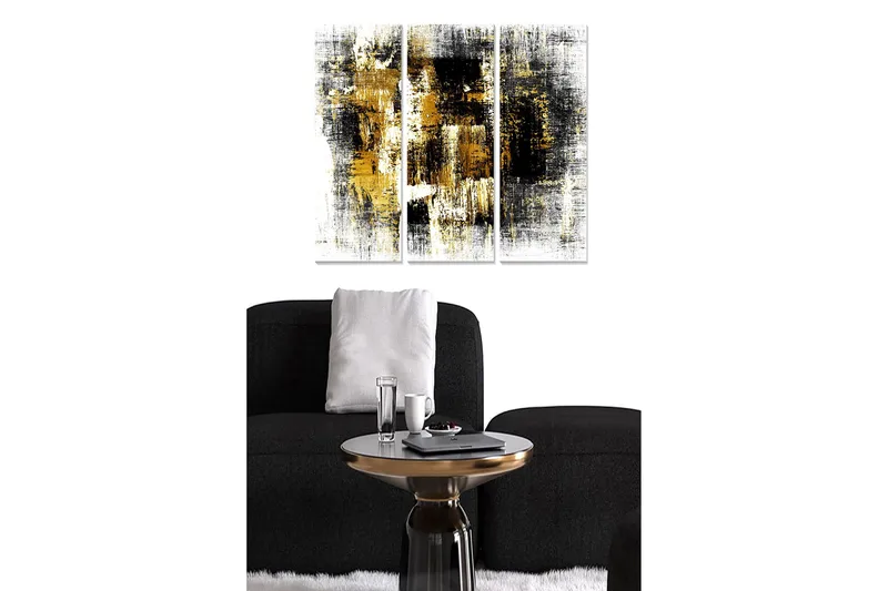 Puinen taulupohja, 3 osaa, 50x70 cm - Abstrakti sommitelma mustilla ja kultaisilla elementeillä, Musta / Kulta / Valkoinen