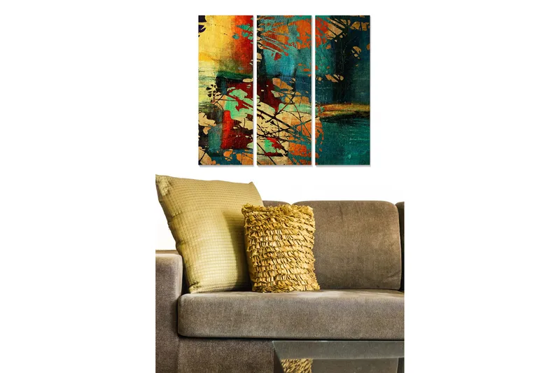 Puinen taulupohja, 3 osaa, 50x70 cm - Abstrakti sommitelma värikkäillä muodoilla ja kuvioilla, Tummanvihreä / Punainen / Kulta