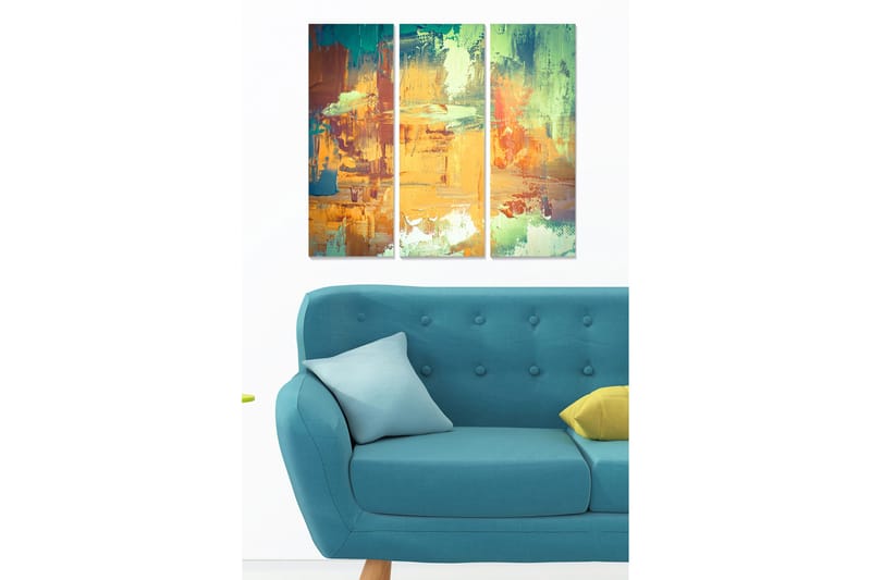 Puinen taulupohja, 3 osaa, 50x70 cm - Abstrakti sommitelma värikkäillä siveltimenvedoilla, Oranssi / Vihreä / Sininen