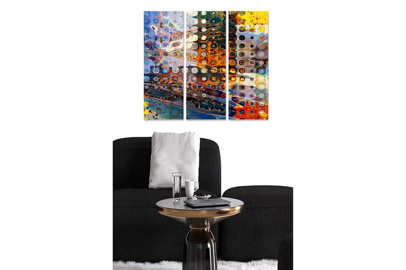 Puinen taulupohja, 3 osaa, 50x70 cm - Abstrakti sommitelma pyöreillä kuvioilla ja värillisillä elementeillä, Sininen / Oranssi / Keltainen