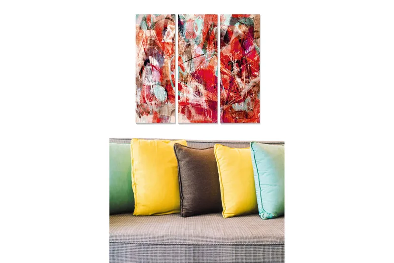 Puinen taulupohja, 3 osaa, 50x70 cm - Abstrakti sommitelma punaisilla ja sinisillä sävyillä, Punainen / Turkoosi