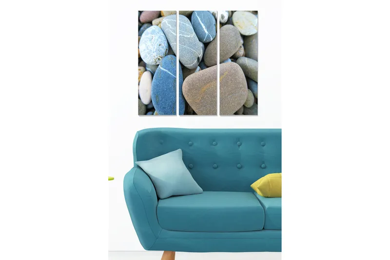 Puinen taulupohja, 3 osaa, 50x70 cm - Erilaisia sileitä kiviä eri väreissä ja muodoissa, Sininen / Harmaa / Beige