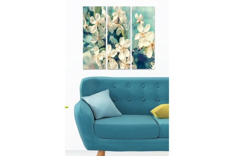 Puinen taulupohja, 3 osaa, 50x70 cm - Kaunis kukka-asetelma valkoisilla kukilla, Valkoinen / Vihreä / Vaaleansininen