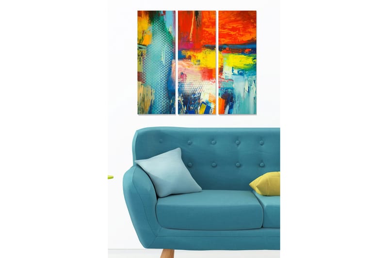 Puinen taulupohja, 3 osaa, 50x70 cm - Värikäs abstrakti sommitelma dynaamisilla muodoilla, Punainen / Sininen / Keltainen