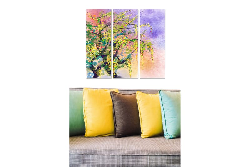 Puinen taulupohja, 3 osaa, 50x70 cm - Värikäs abstrakti puutaide kukilla ja vihreydellä, Vihreä / Violetti / Keltainen