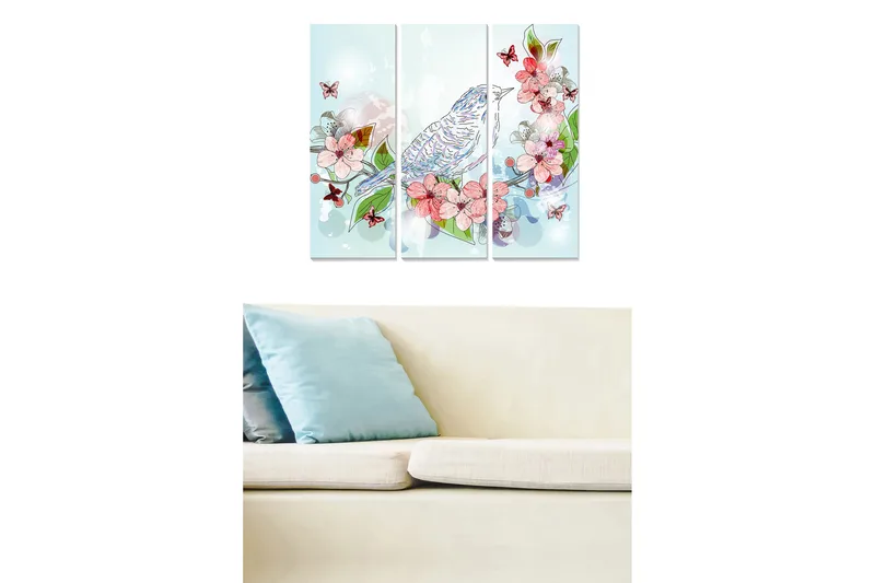 Puinen taulupohja, 3 osaa, 50x70 cm - Värikäs sommitelma linnulla ja kukilla, Vaaleansininen / Vaaleanpunainen / Vihreä