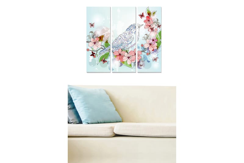 Puinen taulupohja, 3 osaa, 50x70 cm - Värikäs sommitelma linnulla ja kukilla, Vaaleansininen / Vaaleanpunainen / Vihreä