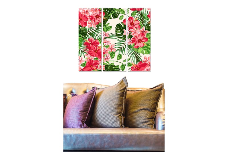 Puinen taulupohja, 3 osaa, 50x70 cm - Värikäs trooppinen kukka- ja lehtikompositio, Vaaleanpunainen / Vihreä / Beige