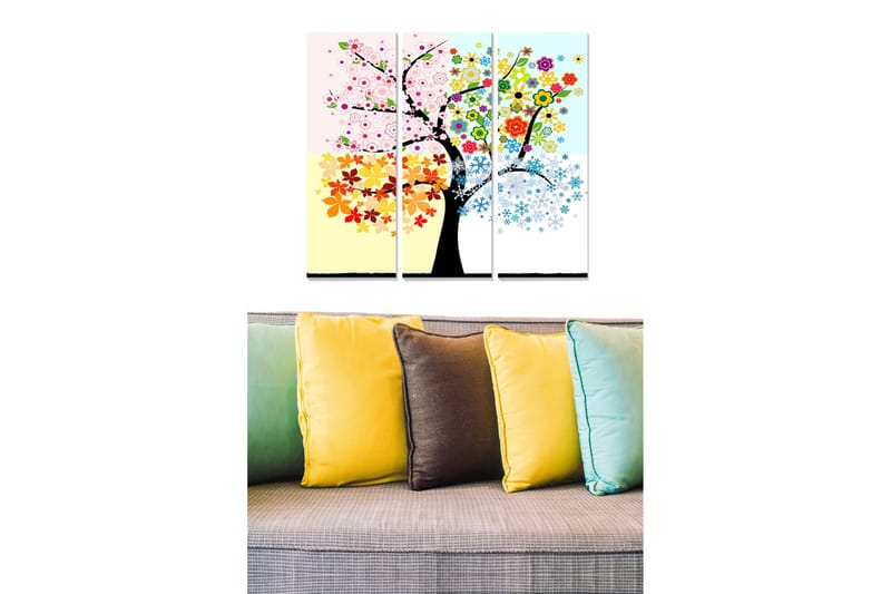 Puinen taulupohja, 3 osaa, 50x70 cm - Värikäs puuaiheinen taideteos, jossa on kukkia ja lehtiä eri vuodenaikoina, Vaaleanpunainen / Keltainen / Sininen