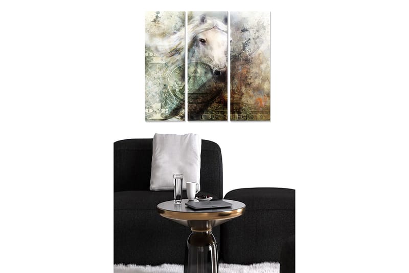 Puutaulu, 3 osaa, 50x70 cm - Hevosen muotokuva seteleillä ja abstrakteilla kuvioilla, Valkoinen / Beige / Vihreä