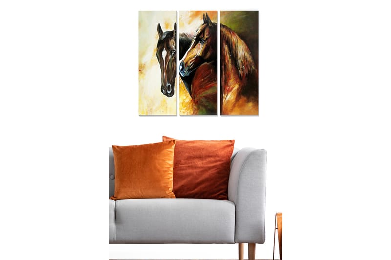 Puutaulu, 3 osaa, 50x70 cm - Kaksi hevosta intiimissä ja ilmeikkäässä sommitelmassa - Tummanruskea / Oranssi / Keltainen - Sisustustuotteet - Taulu & taide - Canvas-taulu