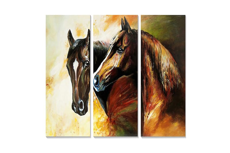 Puutaulu, 3 osaa, 50x70 cm - Kaksi hevosta intiimissä ja ilmeikkäässä sommitelmassa, Tummanruskea / Oranssi / Keltainen