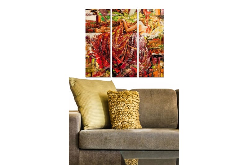 Puutaulu, 3 osaa, 50x70 cm - Punapukuinen nainen eloisassa ja abstraktissa sommitelmassa, Punainen / Oranssi / Keltainen