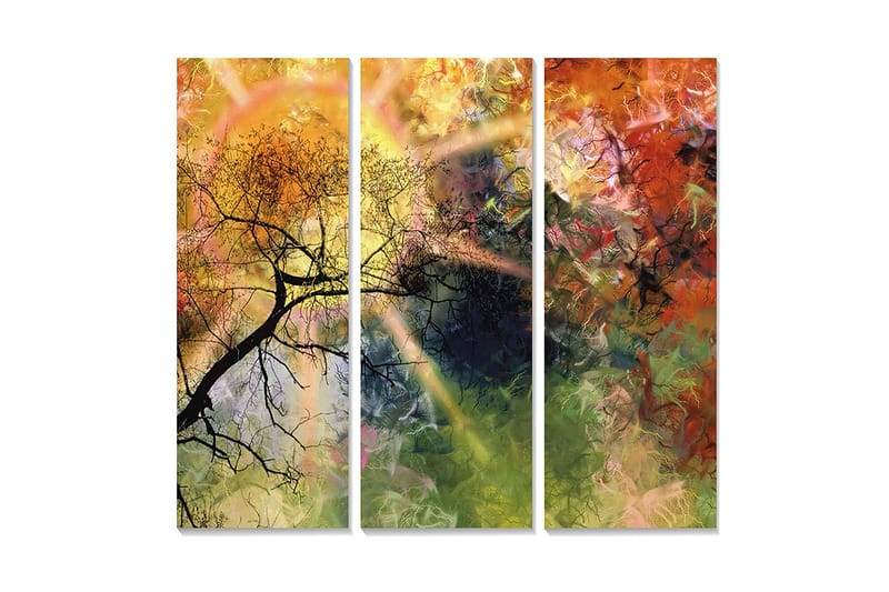 Puutaulu, 3-osainen, 50x70 cm - Abstrakti maisema, jossa puiden oksien siluetti, Kulta / Vihreä / Oranssi