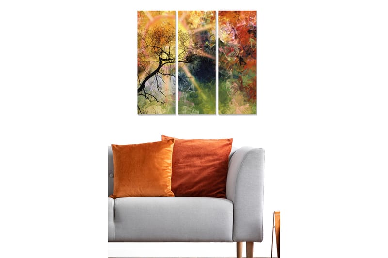 Puutaulu, 3-osainen, 50x70 cm - Abstrakti maisema, jossa puiden oksien siluetti - Kulta / Vihreä / Oranssi - Sisustustuotteet - Taulu & taide - Canvas-taulu