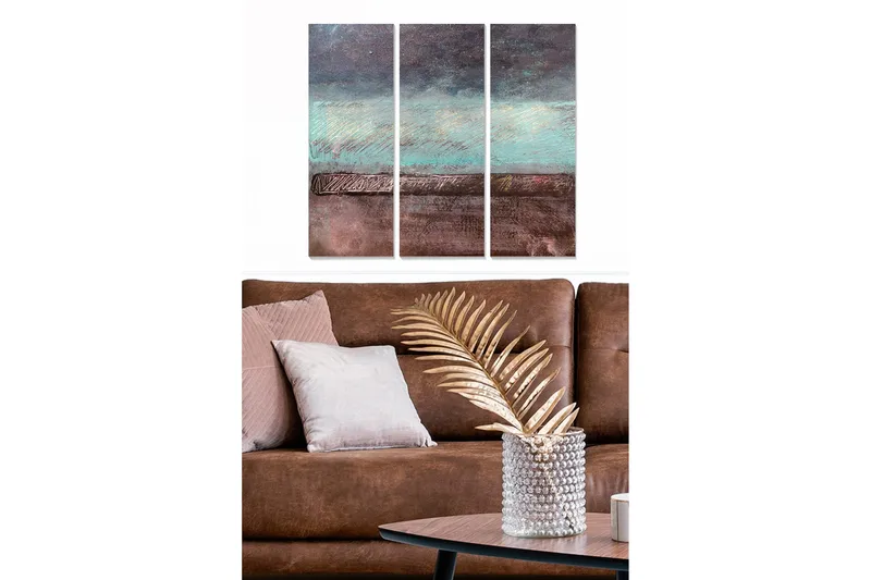 Puutaulu, 3-osainen, 50x70 cm - Abstrakti maisema pehmeillä värisiirtymillä, Turkoosi / Ruskea / Harmaa