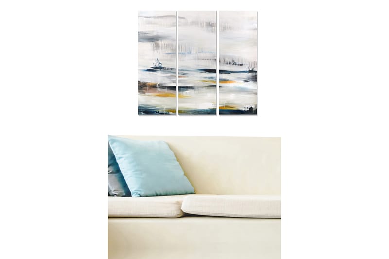 Puutaulu, 3-osainen, 50x70 cm - Abstrakti maisema pehmeillä värisiirtymillä, Harmaa / Valkoinen / Sininen