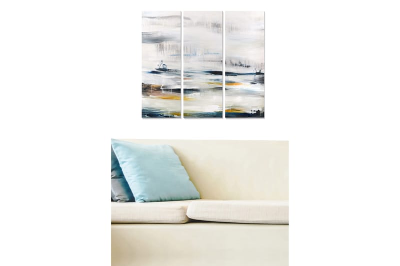 Puutaulu, 3-osainen, 50x70 cm - Abstrakti maisema pehmeillä värisiirtymillä, Harmaa / Valkoinen / Sininen