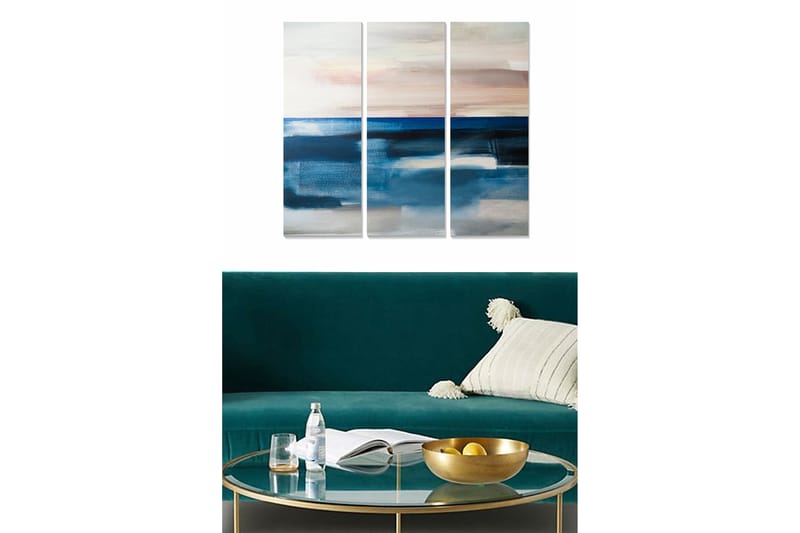 Puutaulu, 3-osainen, 50x70 cm - Abstrakti merimaisema pehmeillä värisiirtymillä, Tummansininen / Vaaleansininen / Beige