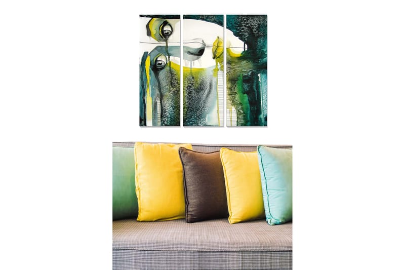 Puutaulu, 3-osainen, 50x70 cm - Abstrakti muotokuva silmillä ja virtaavilla muodoilla, Tummanvihreä / Keltainen / Valkoinen