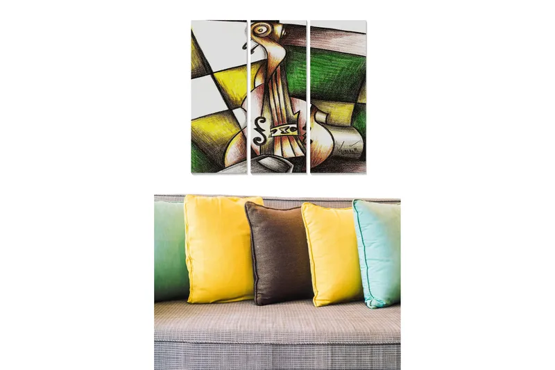 Puutaulu, 3-osainen, 50x70 cm - Abstrakti sommitelma, jossa viulu keskipisteenä, Vihreä / Keltainen / Ruskea