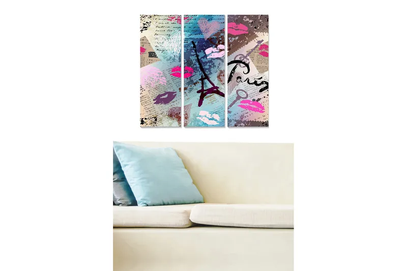 Puutaulu, 3-osainen, 50x70 cm - Abstrakti sommitelma Eiffel-tornilla ja huulipunan painatuksella, Vaaleanpunainen / Sininen / Violetti
