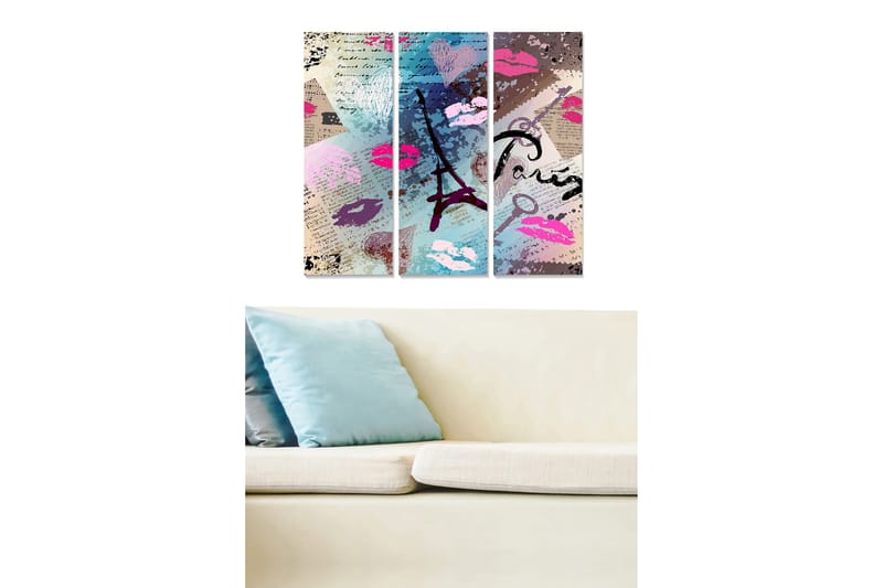 Puutaulu, 3-osainen, 50x70 cm - Abstrakti sommitelma Eiffel-tornilla ja huulipunan painatuksella, Vaaleanpunainen / Sininen / Violetti