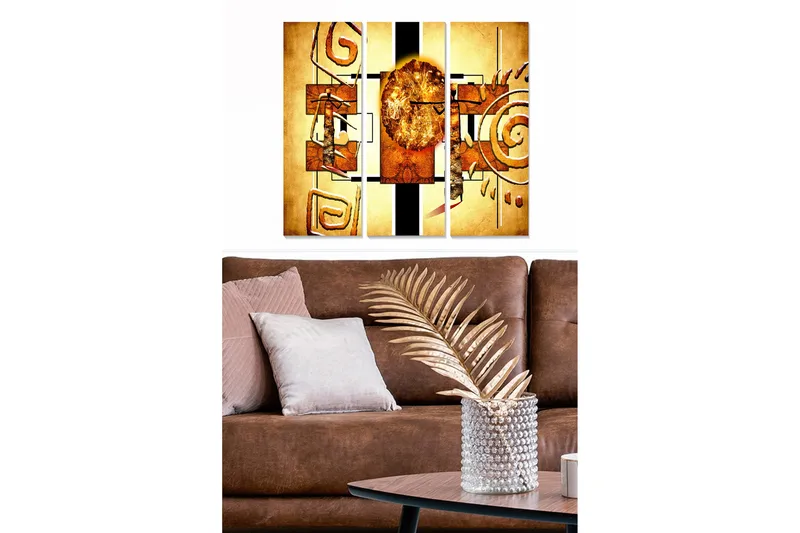 Puutaulu, 3-osainen, 50x70 cm - Abstrakti sommitelma geometrisilla muodoilla ja aurinkosymboliikalla, Kulta / Ruskea / Musta