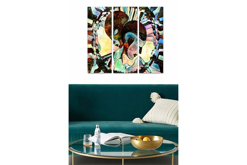 Puutaulu, 3-osainen, 50x70 cm - Abstrakti sommitelma kasvoaiheella, Tummanruskea / Vaaleanvihreä / Beige