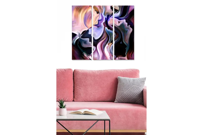 Puutaulu, 3-osainen, 50x70 cm - Abstrakti sommitelma kasvojen muodoilla, Violetti / Musta / Vaaleanpunainen