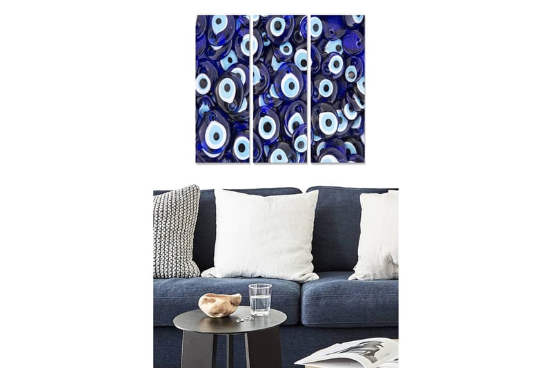 Puutaulu, 3-osainen, 50x70 cm - Abstrakti sommitelma silmäaiheella, Tummansininen / Vaaleansininen / Valkoinen