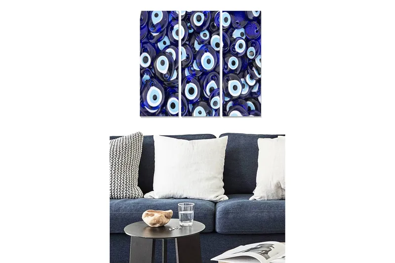 Puutaulu, 3-osainen, 50x70 cm - Abstrakti sommitelma silmäaiheella, Tummansininen / Vaaleansininen / Valkoinen