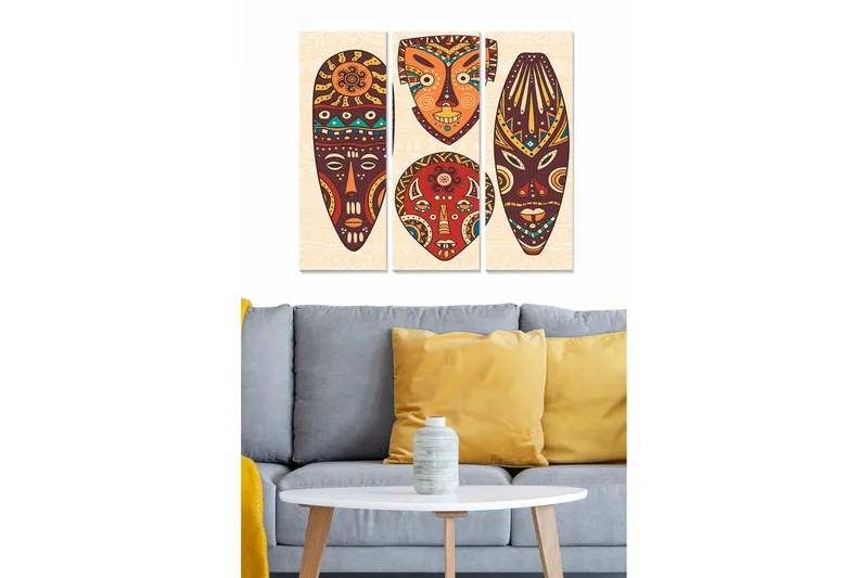 Puutaulu, 3-osainen, 50x70 cm - Abstraktit kasvot värikkäissä naamioissa, Punainen / Ruskea / Sininen