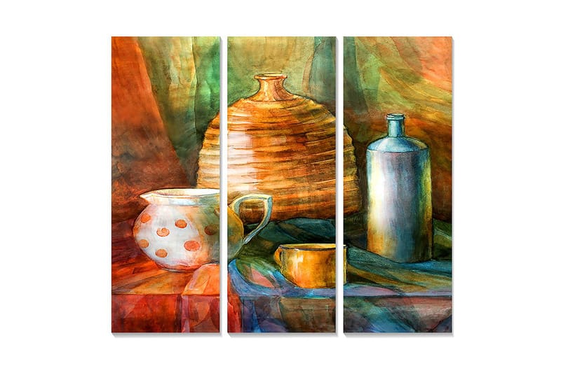 Puutaulu, 3-osainen, 50x70 cm - Asetelma keramiikka- ja lasiesineillä, Oranssi / Vihreä / Sininen