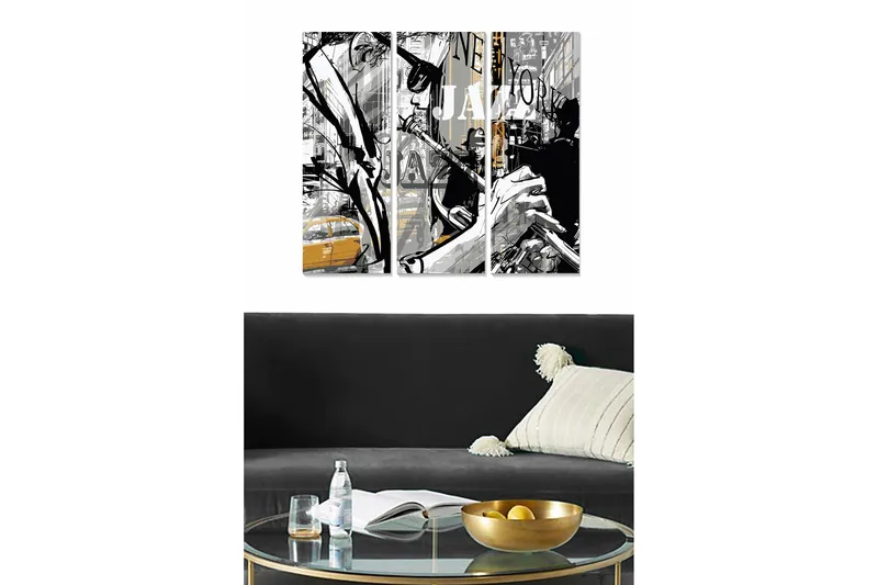 Puutaulu, 3-osainen, 50x70 cm - Jazzmuusikko kaupunkiympäristössä, Musta / Harmaa / Keltainen