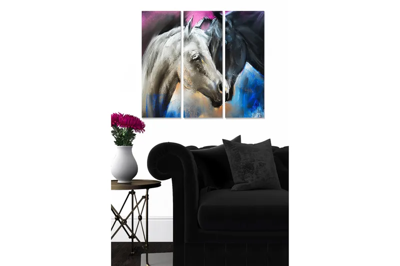Puutaulu, 3-osainen, 50x70 cm - Kaksi hevosen naamaa dynaamisessa sommitelmassa, Musta / Valkoinen / Sininen