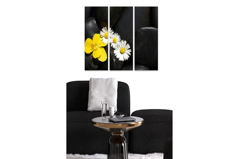 Puutaulu, 3-osainen, 50x70 cm - Keltaisia ja valkoisia kukkia mustilla kivillä, Keltainen / Valkoinen / Musta