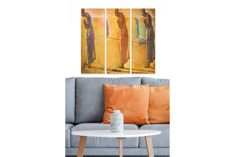 Puutaulu, 3-osainen, 50x70 cm - Kolme hillittyjen värien veistosta heijastavassa ympäristössä, Kulta / Sininen / Ruskea