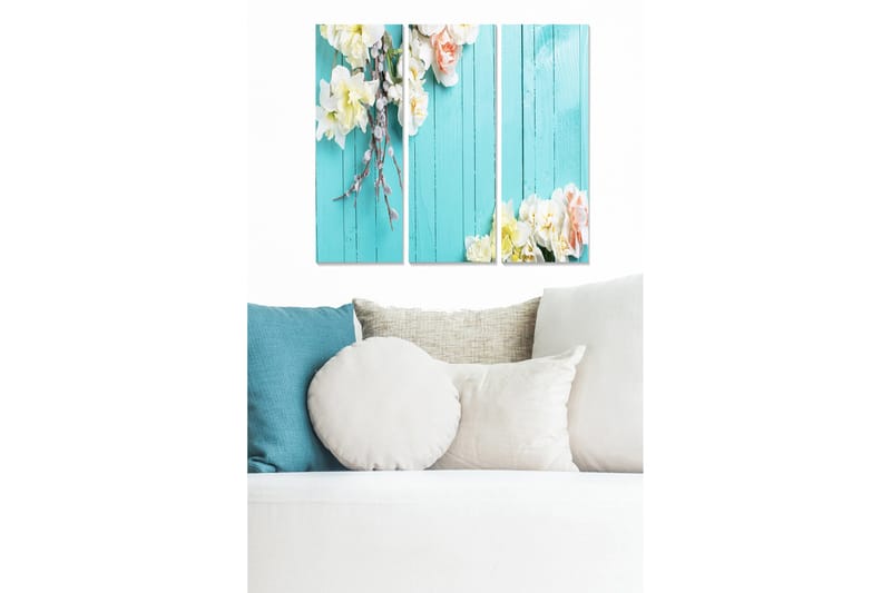 Puutaulu, 3-osainen, 50x70 cm - Kukat turkoosilla pohjalla, Turkoosi / Valkoinen / Vaaleanpunainen