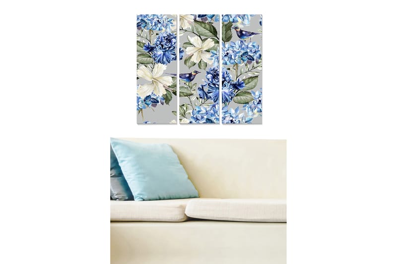 Puutaulu, 3-osainen, 50x70 cm - Kukkasommitelma, jossa sinisiä ja valkoisia kukkia, Sininen / Valkoinen