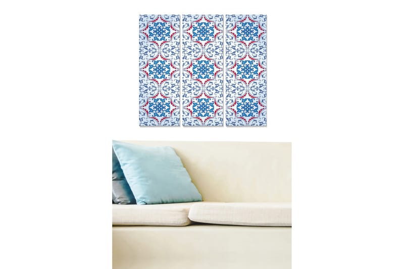 Puutaulu, 3-osainen, 50x70 cm - Kuvioitu paneeli, jossa sinisiä ja punaisia koristeita, Sininen / Punainen / Valkoinen