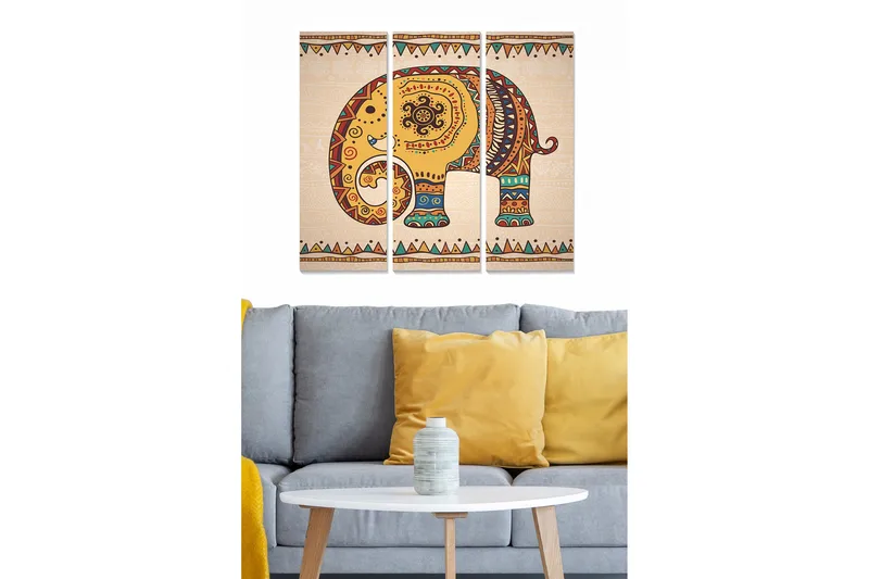 Puutaulu, 3-osainen, 50x70 cm - Kuviollinen norsu kirkkaissa väreissä, Keltainen / Punainen / Vihreä