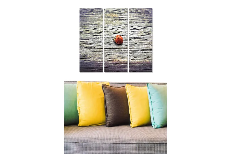 Puutaulu, 3-osainen, 50x70 cm - Leppäkerttu puupinnalla, Punainen / Harmaa / Ruskea