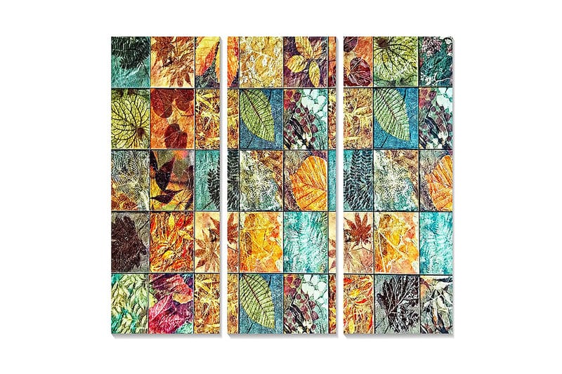 Puutaulu, 3-osainen, 50x70 cm - Mosaiikki värikkäistä lehdistä ja kasvien yksityiskohdista, Vihreä / Oranssi / Sininen
