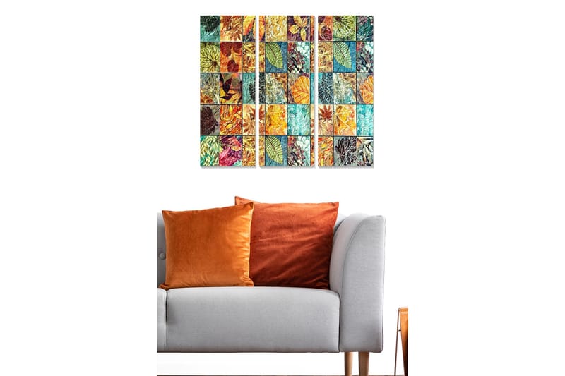 Puutaulu, 3-osainen, 50x70 cm - Mosaiikki värikkäistä lehdistä ja kasvien yksityiskohdista - Vihreä / Oranssi / Sininen - Sisustustuotteet - Taulu & taide - Canvas-taulu