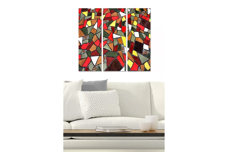 Puutaulu, 3-osainen, 50x70 cm - Mosaiikkisommitelma vihreillä, keltaisilla ja valkoisilla muodoilla - Vihreä / Punainen / Valkoinen - Sisustustuotteet - Taulu & taide - Canvas-taulu